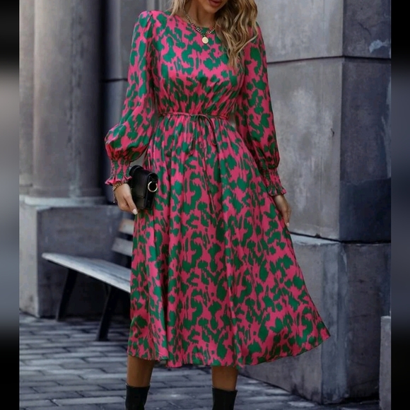 Boho Print Flounce Sleeve Smocked  Ling Sleeve Cuff Belted Dress - Picture 3 of 6